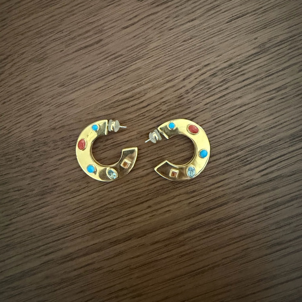 Gold Hoop Earrings with Coral, Turquoise and Clear Accent Stones